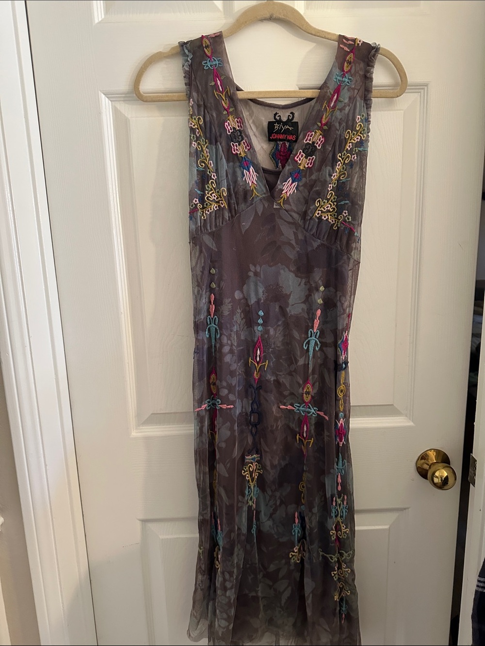 Johnny Was Gray Embroidered V-Neck Maxi Dress